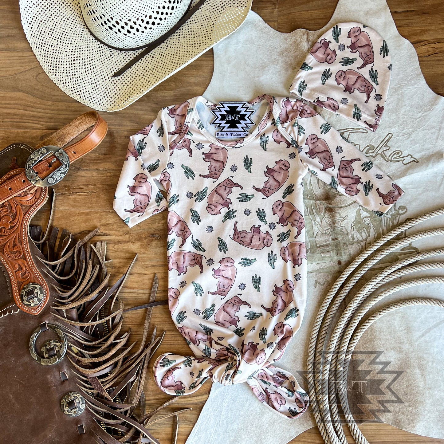 Roaming Buffalo Knotted Gown + Cap